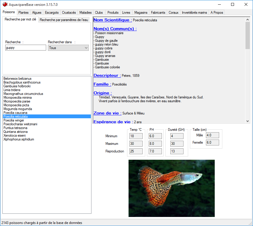 AquavipareBase : Atlas/Base de données complète illustrée permettant de trouver toute sorte d'informations sur les poissons, plantes, algues, produits, magasins, clubs, etc...