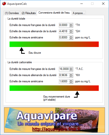 AquavipareCalc : calculs liés à l'aquariophilie, conversion du GH/TH, KH/TAC en mesure allemande, française ou américaine